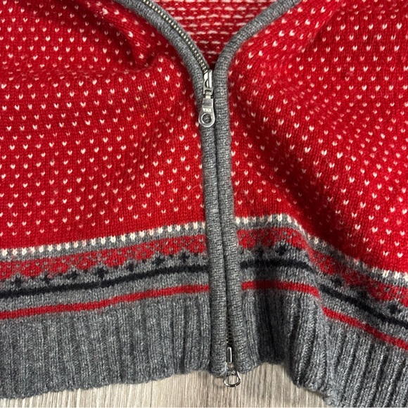 SKYR 100% Wool Nordic Fair Isle Hooded Full Zip Sweater in Red Grey Black Size L - Picture 5 of 5